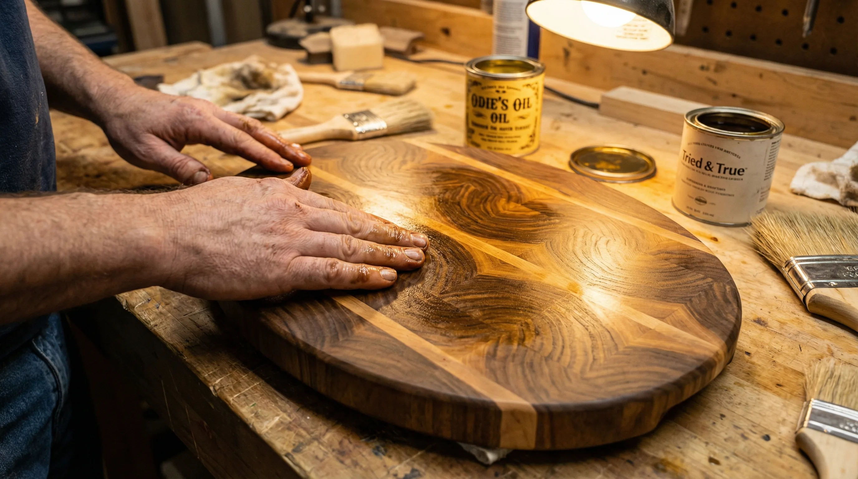 Applying hand-rubbed oil finish to a cutting board at Stocksdale Custom Woodworking